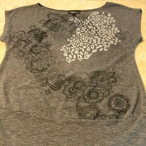 Charcoal gray top with metallic print